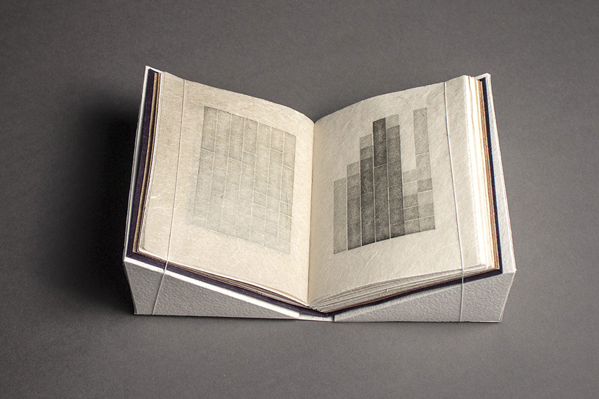 "The Nonobjective Life of Objects" is a hardcover 4"x5" book of letterpressed kozo paper. Each page features a varying bar graph created from the lead spacing used in letterpress. Each square of the spacers printed at different intensities creating a visually poetic study of grayscale values. 