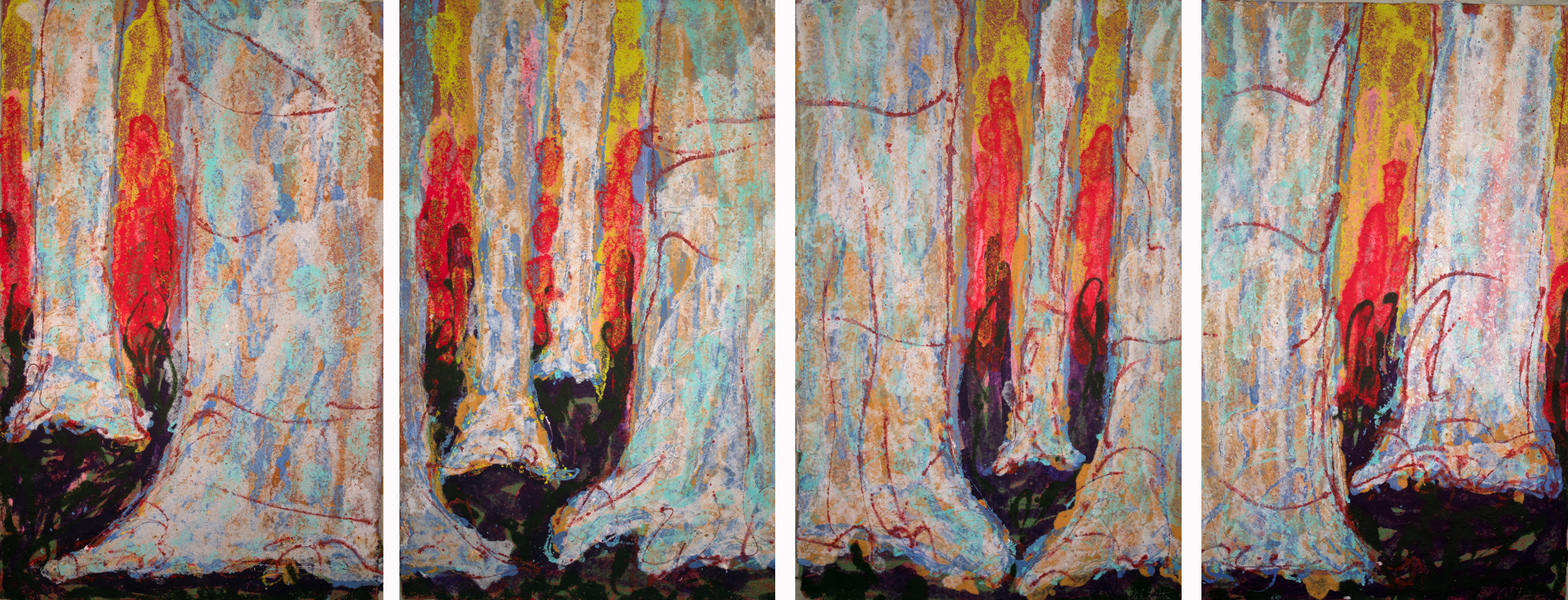Burgundy contour lines of pulp painting meander across white and gray tree trunks as fiery reds, yellows, deep purples and blacks burn their way into the foreground from behind the forest of trees depicted in this four-panel work of art.  Sky blue, turquoise, and yellow ochre surface from behind the gray, cooling the surface appearance of the pale trees.  Vigorous mark-making with paper-pulp defines the tree trunks and the fiery background which sit in contrast with each other in this piece.
