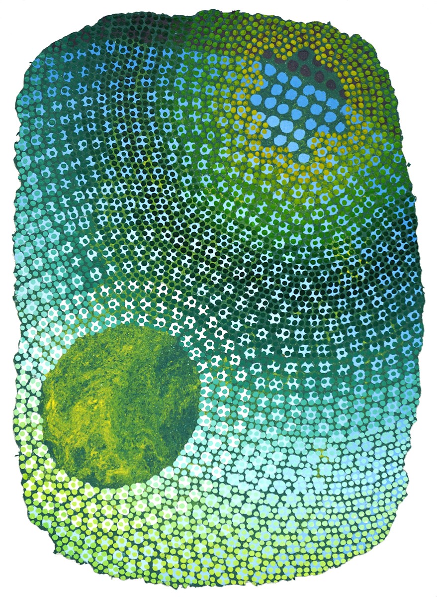 A yellow and dark green circular shape in the lower left radiates dots of yellow green, sky blue, white, and blue in visual dialogue with a darker amoeboid shape emitting concentric dots of dark yellow, green, and black that offset the larger pointillistic effects from the opposite corner of the sheet in this piece by Chad Hayward entitled "East."