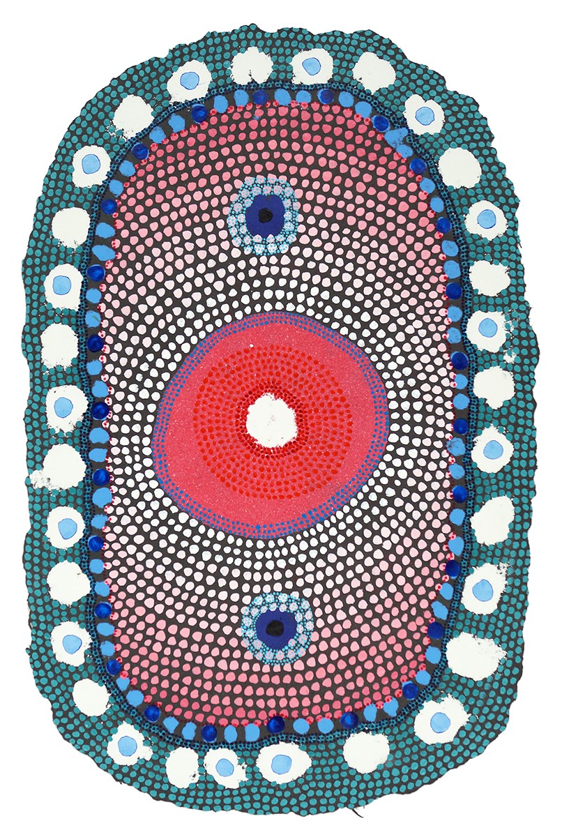 Incursion is an oval shaped sheet of paper with a turquoise edge with large white and light blue dots. Inside the circle of the border, light blue and dark blue dots surround a field of pink dots that are arranged in a gradation from dark pink to white near the center of the page. The focal point of the page is a dark pink spot with three lines of blue dots at its edge and a large white dot at its center. A blue dot appears above and below the central pink circle.