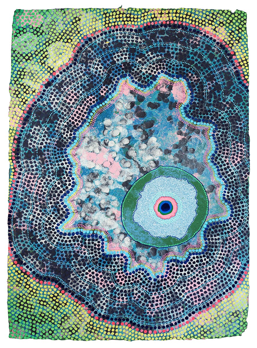 Blue irregular oval on a background of green with a light blue circle rimmed in green to the bottom right of center. The small circle sits within a mass of swirling pinks, whites, blacks and blues similar to the shape of a fried egg. The final focal point is a dark dot inside of a lighter blue dark, inside of a pink circle inside or a turquoise ring.