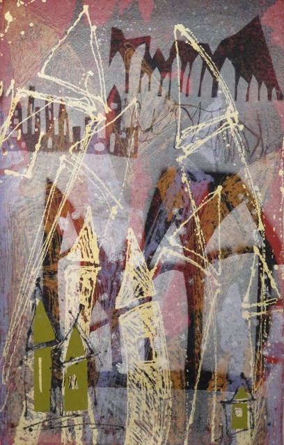 "Transparency" by Lea Basile-Lazarus features a muted gray and red, filmy background that washes behind layers of rough abstractions of bustling architecture.  Moss-green houses in the foreground are dwarfed by arching towers drawn in a pale yellow line.  Behind these buildings stand stenciled depictions of skyscrapers and houses in dark brown.
