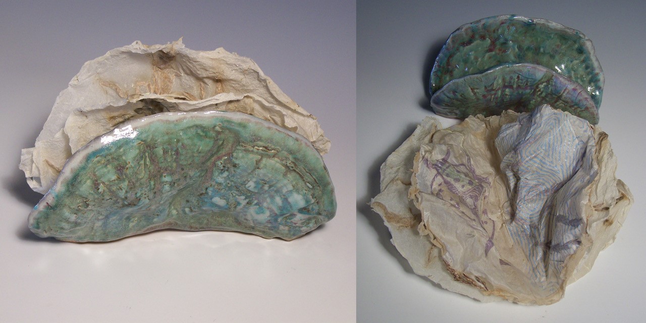 A ceramic shell houses a circular book folded in half whose crinkled edges extend just past the lip of the shell. A second image shows the book removed from the shell now opened out into a crumpled circle of abaca papers.