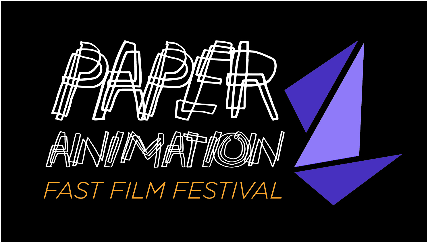 Title image for Bringing 3D Inanimate Objects to Life. The Fast Film Fest logo which is a series of thin white overlapping lines that spell out Paper Animation to the left of 3 triangles that hint at an abstract origami form. 