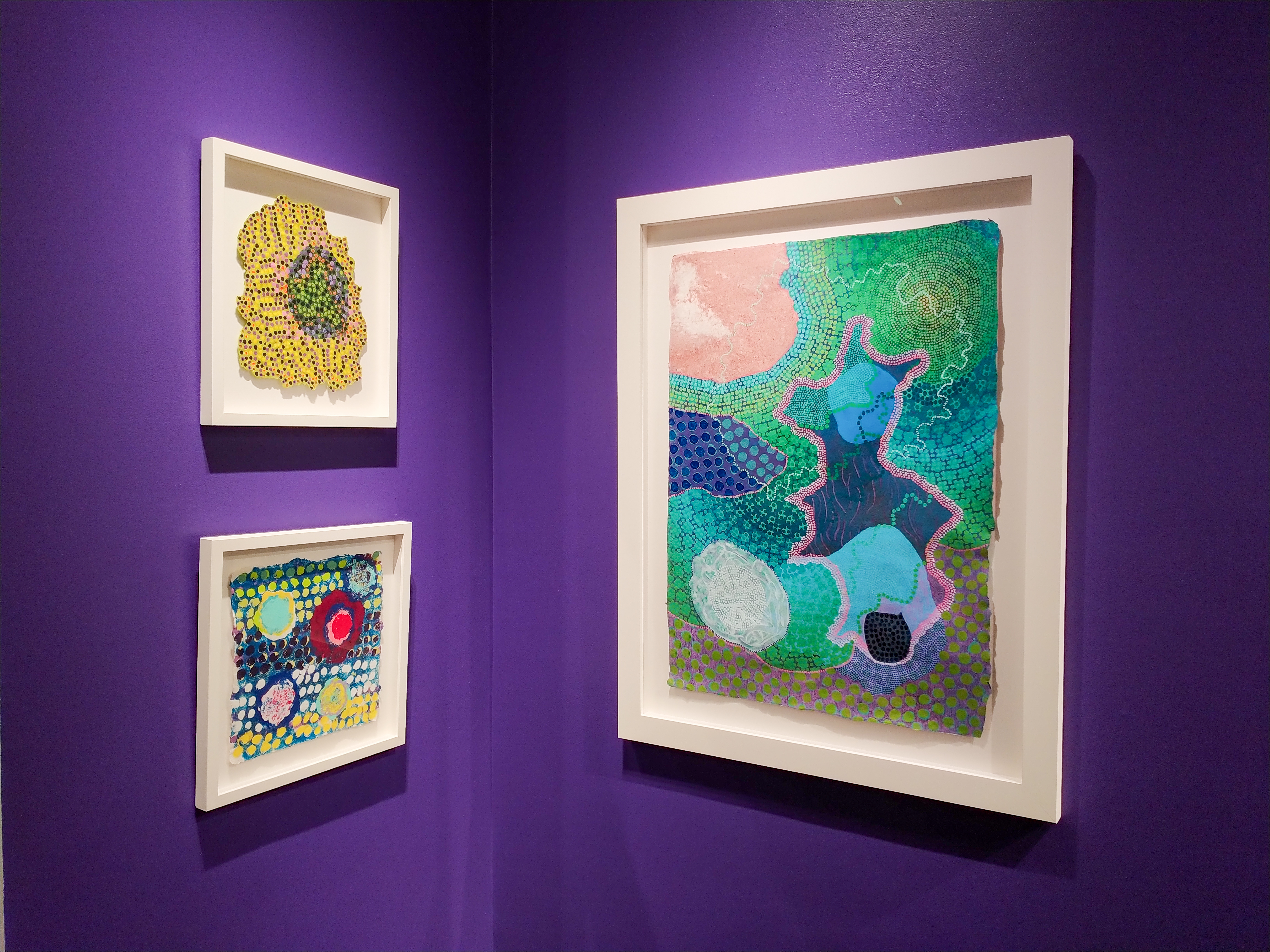 The accent corner of the gallery is painted purple and features three framed pieces by Chad Hayward. On the left wall of the corner, Cell, a yellow irregularly shaped paper is mounted to float in white frame. The yellow paper is dotted with lavender, purple and yellow paint. To the right side of the piece there is a purple circle  dotted with green, lavender, and orange that looks like the nucleus of a cell.  Mounted just bellow the Cell artwork is a small Untitled square piece. It is a blue sheet with horizontal stripes created from repeated dots . There is a stripe of yellow, a stripe of dark purple, white, and another stripe of yellow. On top of the stripes sit five large circles, one that is turquoise rimmed in yellow, another is red rimmed in pink and then rimmed in red again, the third is white with mottled bits of red and blue in its interior, the fourth is turquoise with a yellow donut in the center and the last is a mottled turquoise and purple circle. On the right wall of the corner is a piece titled Oligodendrocyte. It is primarily shades of blue and green with pink and white accents. The over all impression is that of looking at a map. 