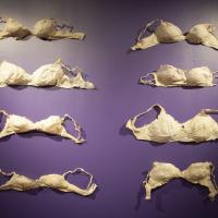 "Delicates" is a celebration of diversity through high-shrinkage abaca casts of bras. Eight bras in the natural beige of the abaca hang like discarded skins in two rows of four. Each bra suggests a different chest size and type of bra. The high shrinkage of the bras results in curled and expressive bra straps. 
