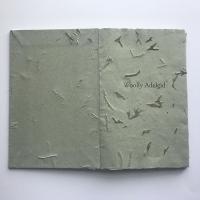 "Woolly Adelgid" is a 8.5"x9.5" book with a lovely green cover made from evergreen needles. Some of the texture of the needles is visible throughout the handmade paper with vellum pages interleafed between the handmade pages in the interior of the book.