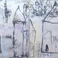 Gray and black drawings of house-shaped iconographies stand firm, reaching from top to bottom of the picture plane in the diptych entitled "Invisible Decisions" by Lea Basile-Lazarus.  The white background, layered with light-gray and faint purple, blue, and yellow stencils of house shapes, undergirds three large house shapes, one of which is set on the dividing line between the two paper panels.  Scratches of black line near the perimeter of each sheet form scribbles of structures, echoing the other shapes