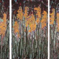 A triptych of a field of flowering plants. a base of blue can be glimpsed between green vertical gestural marks at the base of the pages. The green marks meet loose vertical clumps of golden yellow blooms. These blooms are made to pop out from the page by placing the gold against a background of crimson and purple. 