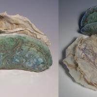 A ceramic shell houses a circular book folded in half whose crinkled edges extend just past the lip of the shell. A second image shows the book removed from the shell now opened out into a crumpled circle of abaca papers.