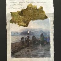 A color photo transfer of a group of people on the island of Smeerenburg, Norway against a gray sheet of paper with a piece of arctic kelp layered above the image.