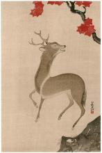A print of a deer under a maple tree with red leaves
