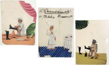 Three small Indian mica paintings arranged in a row. The first painting features an Indian man dressed in white squatting in profile facing toward the left of the page. He is shining boots and has a red and pink curtain and a green trunk behind him. The middle image features an Indian man dressed in white standing on a navy and light blue striped floor next to a round table set for dinner. The third images is an Indian man in a similar pose to the first image. He is shining boots under a tree