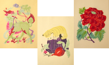 Three Chinese decorative notebook covers in a row.  The first is a green dragon with pink and red highlights looking to the right. The second is a yellow cat on a purple basket looking down on a grasshopper. There is a flower and beet on the floor. The third is a big red flower. 