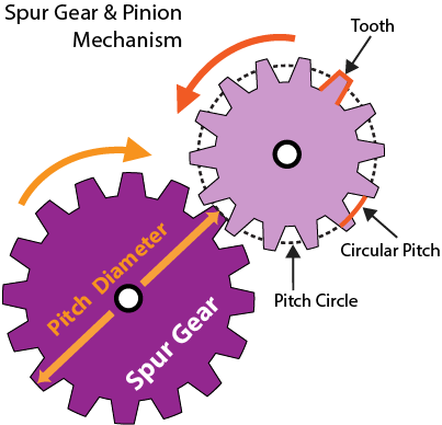 This illustration of spur gear and pinion gear shows that the two gears rotate towards one another in opposite directions 