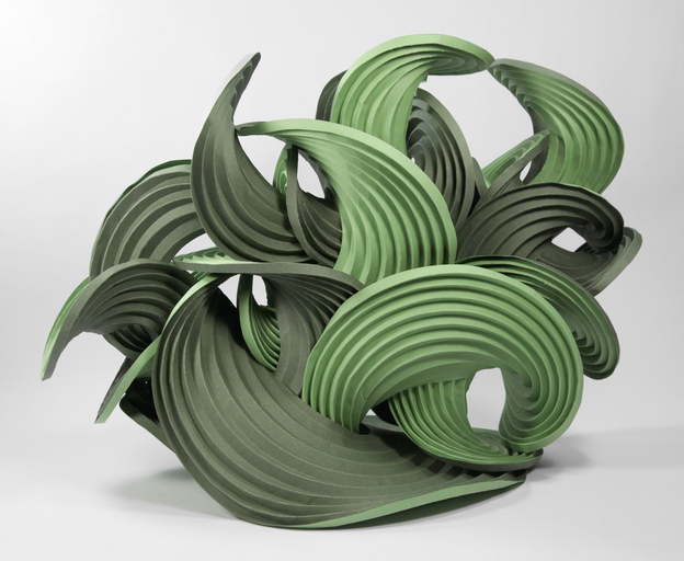 Green Curved Origami structure from Erik Demaine's Watercolor Series