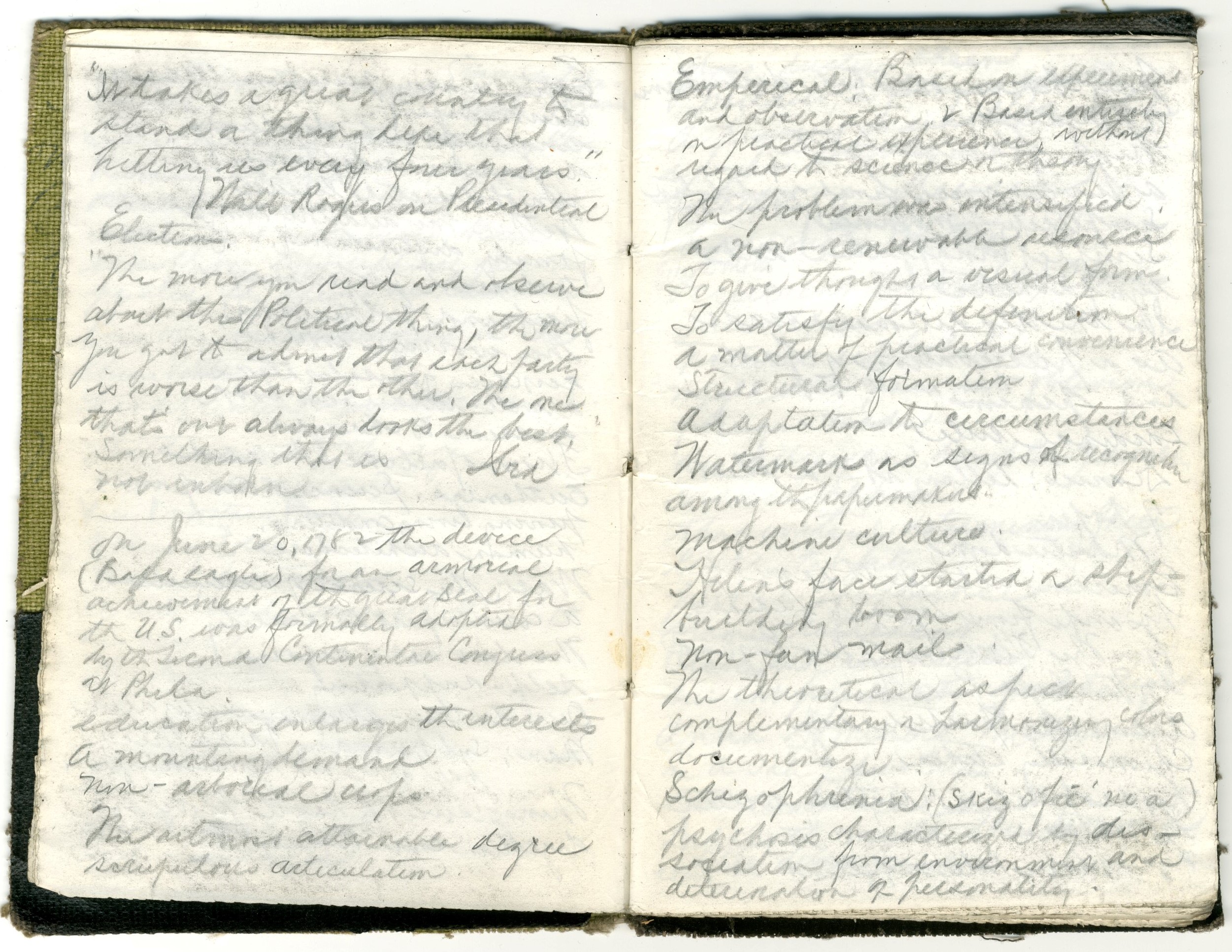 Handmade notebook made of green bookcloth filled with a scrawling cursive script that is difficult to decipher at times.