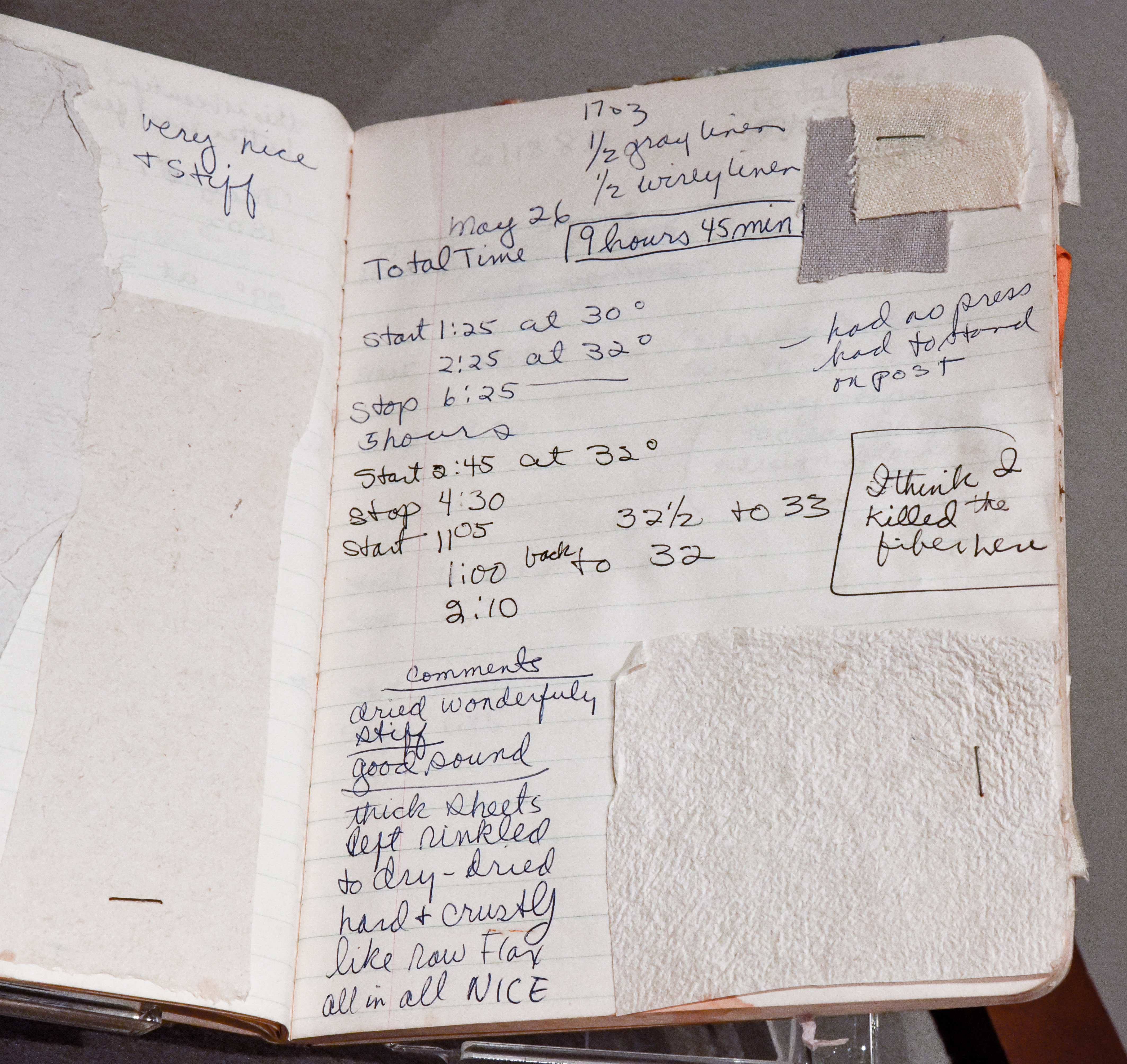 A page from a beater log with notes, handmade paper samples, and fabric scraps of the fibers used to make the paper.