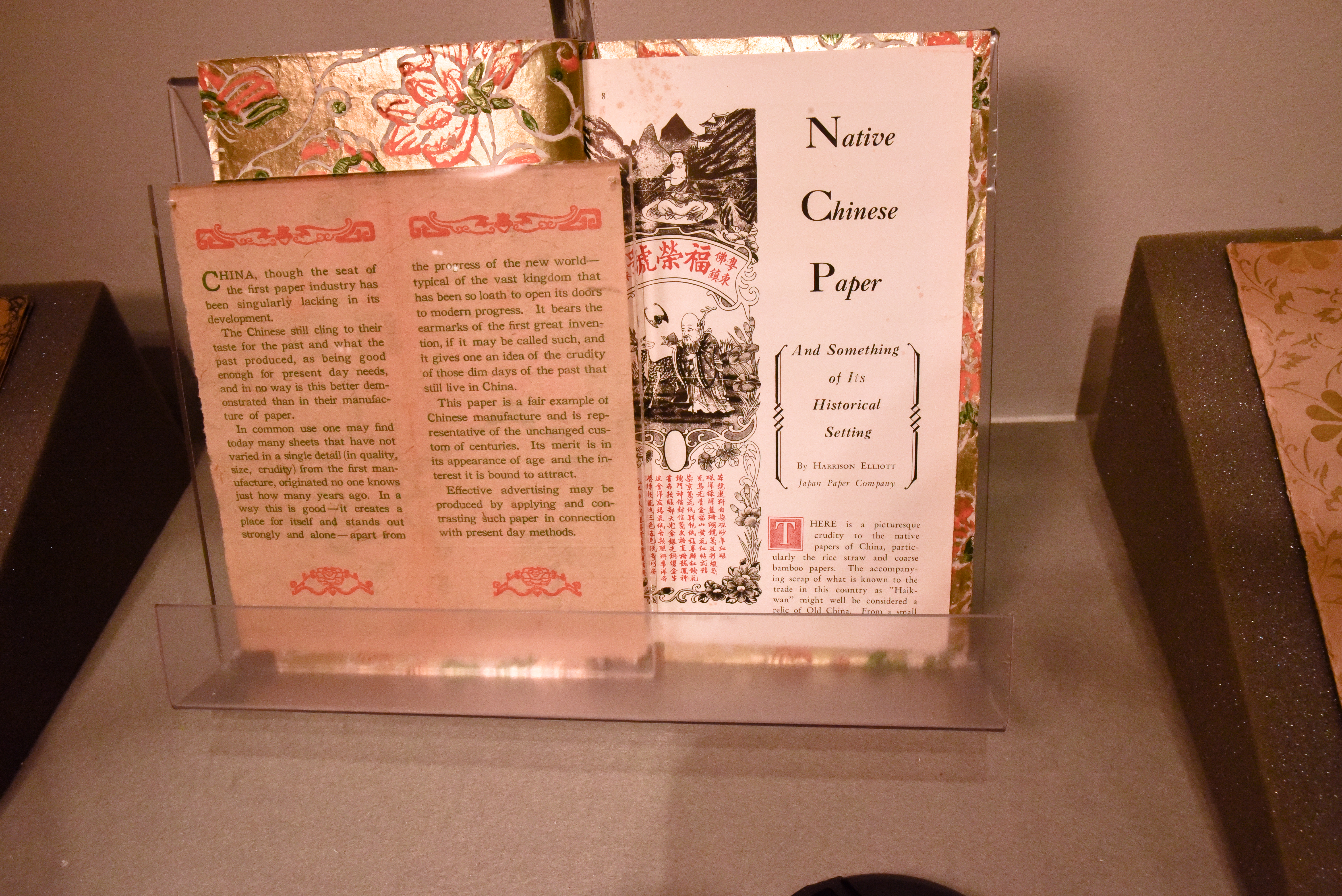 Native Chinese Paper an article written by Harrison Elliot which he handbound into a pamphlet with gold metallic paper painted with red flowers