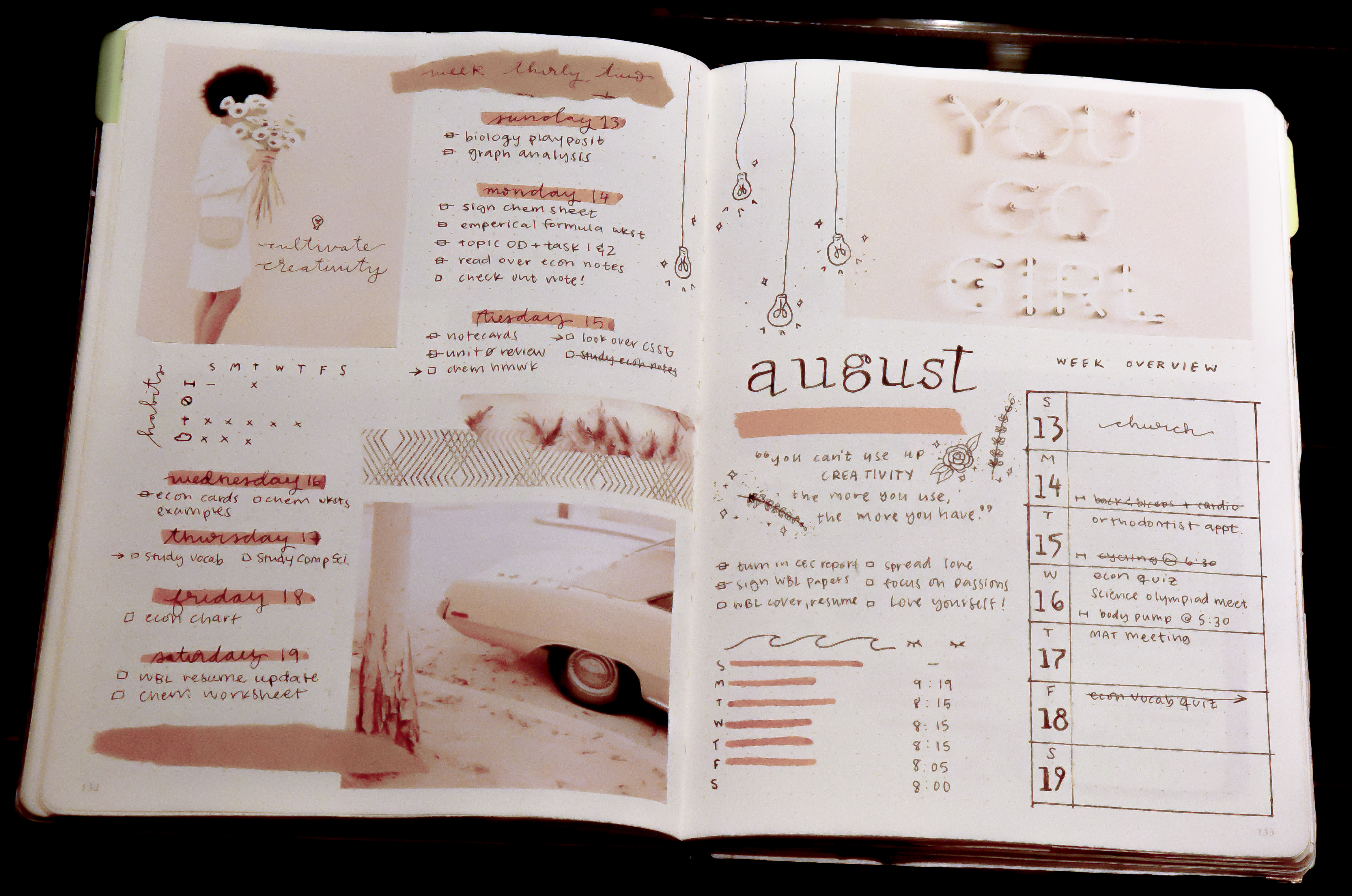 A spread from Andrea Atrium's Bullet Journal documenting the week of August 13 -19. It features handwritten days of the week accented by a magazine clipping of a woman holding flowers, the back wheel of a car, and a neon wall sign that says, "you go girl".