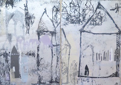 Gray and black drawings of house-shaped iconographies stand firm, reaching from top to bottom of the picture plane in the diptych entitled "Invisible Decisions" by Lea Basile-Lazarus.  The white background, layered with light-gray and faint purple, blue, and yellow stencils of house shapes, undergirds three large house shapes, one of which is set on the dividing line between the two paper panels.  Scratches of black line near the perimeter of each sheet form scribbles of structures, echoing the other shapes