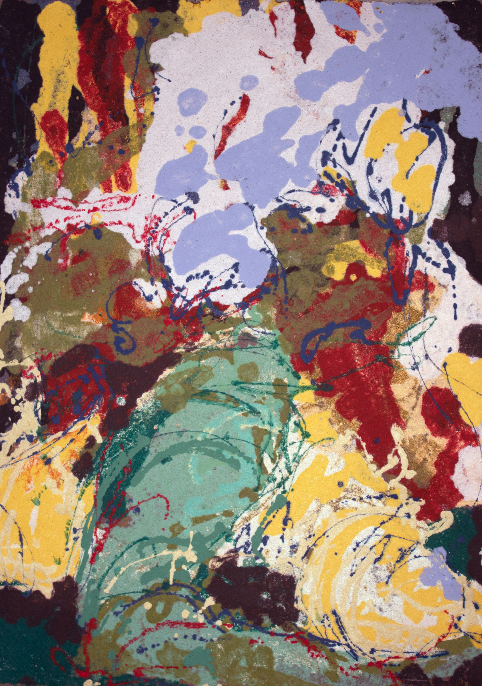 A mess of red, yellow, white, purple, teal, and gold paper pulp hatches from the center of this sheet, spilling out toward the edges.  Organic forms come to life in the myriad shapes of color.  The purple bursts toward the upper right.  The teal bends to support the yellow that weighs heavy on the lower-half of the page.  Gold and red span either side, while a white splotch ascends to the upper-middle section.  Small hints of dark purple pop it all forth from the background.