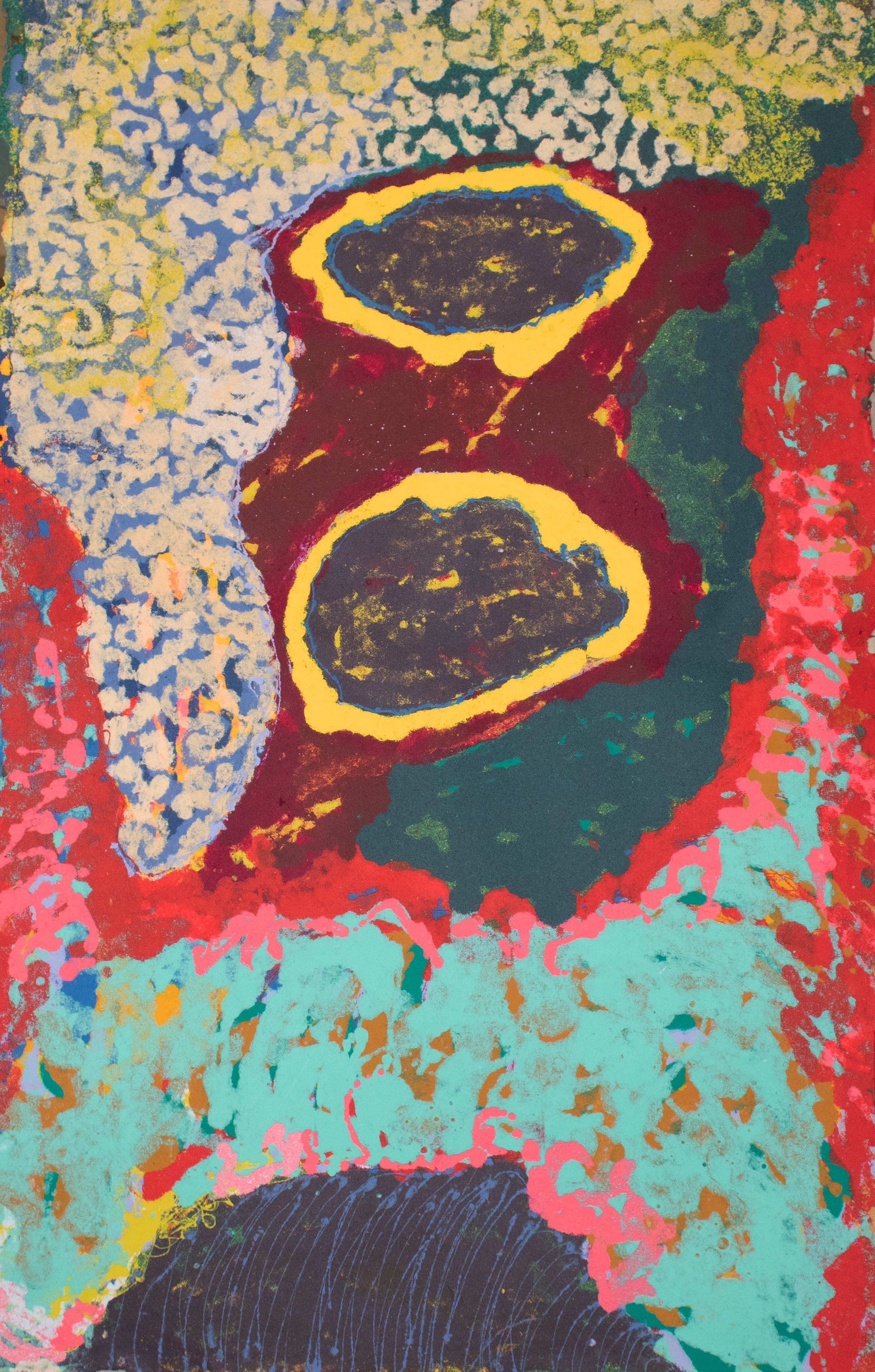 This abstract has two horizontally oriented brown ovals rimmed in blue and yellow rings dominating the composition at  center of the upper two-thirds of the work. These ovals rest on a mass of crimson hugged along the upper and left sides by a squiggly mass of white lines with blue and grey peeking out, and a thin green organic form to the right of the crimson mass. The lower half of the composition is occupied by red an coral topped with a shock of turquoise and a black half circle along the bottom edge
