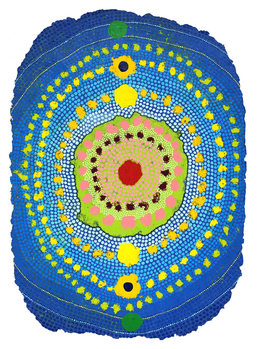 Coaxial levels of differing yellow hues progress from a yellow-green circular shape at the core of this piece by Chad Hayward entitled "Gateway."  The center of the piece is a deep, red dot surrounded by circles of pink and then brown followed by fine, white dots, then larger pink splotches.  The deep red is one of seven dots aligned from top to bottom of the work of art.  Two dots closest to center are bright yellow, two dots are dark yellow with a black dot in their center, and the outermost dots are flat