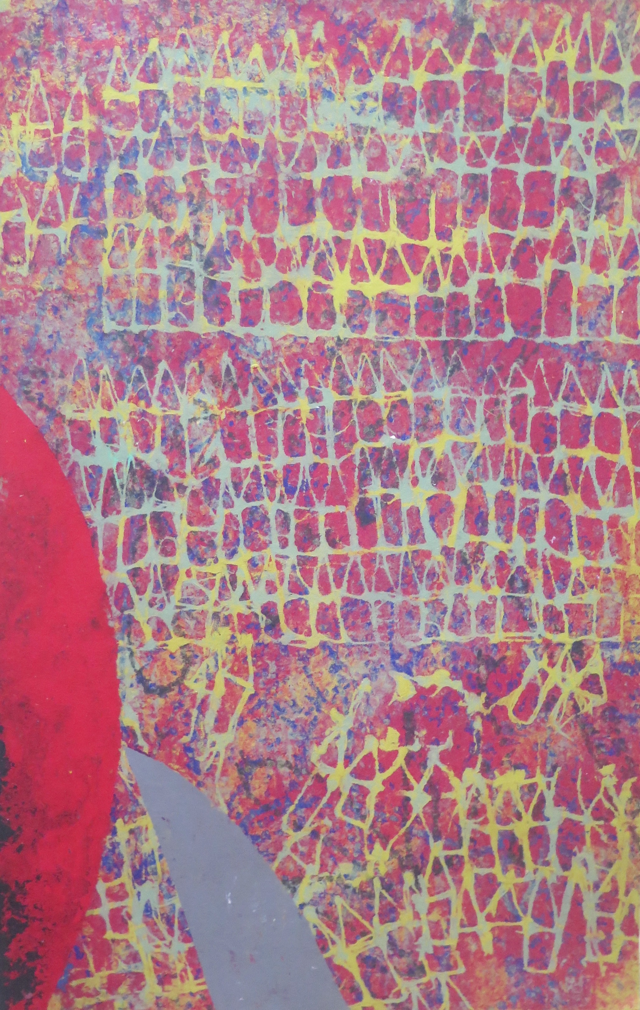 Saturated magenta scales like skin cells dominate the picture plane in this piece, "Motivation for Mobilization," by Lea Basile-Lazarus.  The cell walls, consisting of house-like structures with pointed roofs, comprise the blue and yellow negative space between the raw, meaty material in magenta marbled with blue.  A sharp gray blade-like shape scrapes against the edge of a bold, solid, pink half-ellipse in the lower left-hand corner of the sheet.