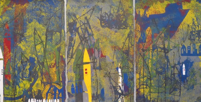 The dark gray frames of tower-like structures with pointed rooftops stagger roughly and energetically through muddy greens, blues, and yellows across the three panels of the triptych by Lea Basile-Lazarus entitled "Romping Around."  A bright yellow tower with two intense red windows forms the focal point of the piece, located just off-center in the middle panel of the triptych.  A few smaller towers of flat blue and bright white run across the bottom edge of the left panel, pop up in the lower half of the m