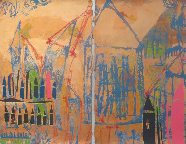 Small blue and black and pink house-like shapes assemble to form a quasi-neighborhood in the lower-left corner of "The Unusuals," a diptych by Lea Basile-Lazarus.  Between this family of shapes and a splotchy, orange background lie the scratchy blue and red outlines of larger house-like drawings that tower over the other structures.  A solid black tower and a pink tower look on from the lower-left foreground.