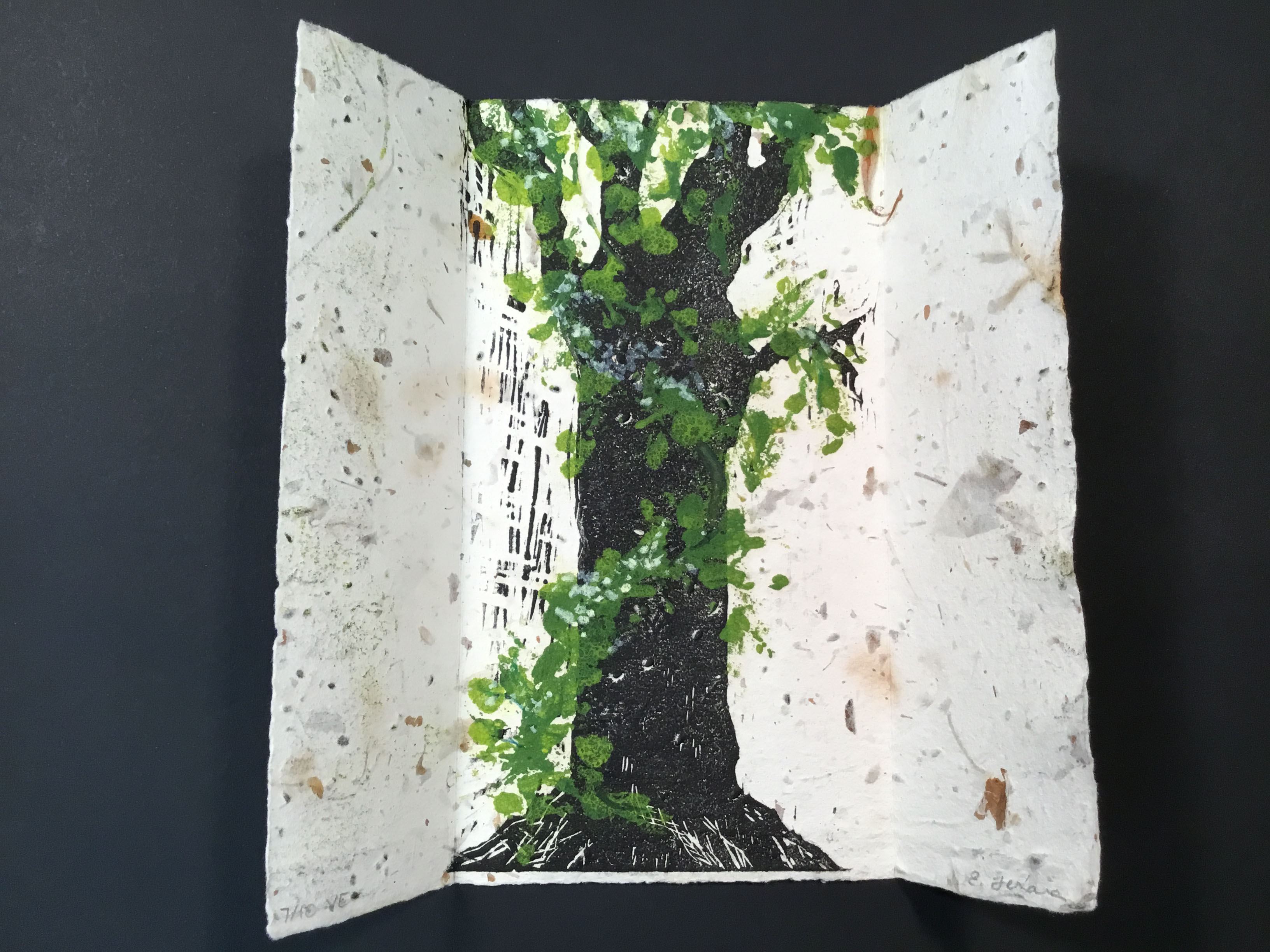 Inspired by Japanese Honeysuckle, this piece is a trifold and has brown and black block prints of vines and flowers on the outside. The two front panels unfold to reveal a black and green block print of a tree. The paper itself is handmade from cotton with seed, leaf, and floral inclusions. 
