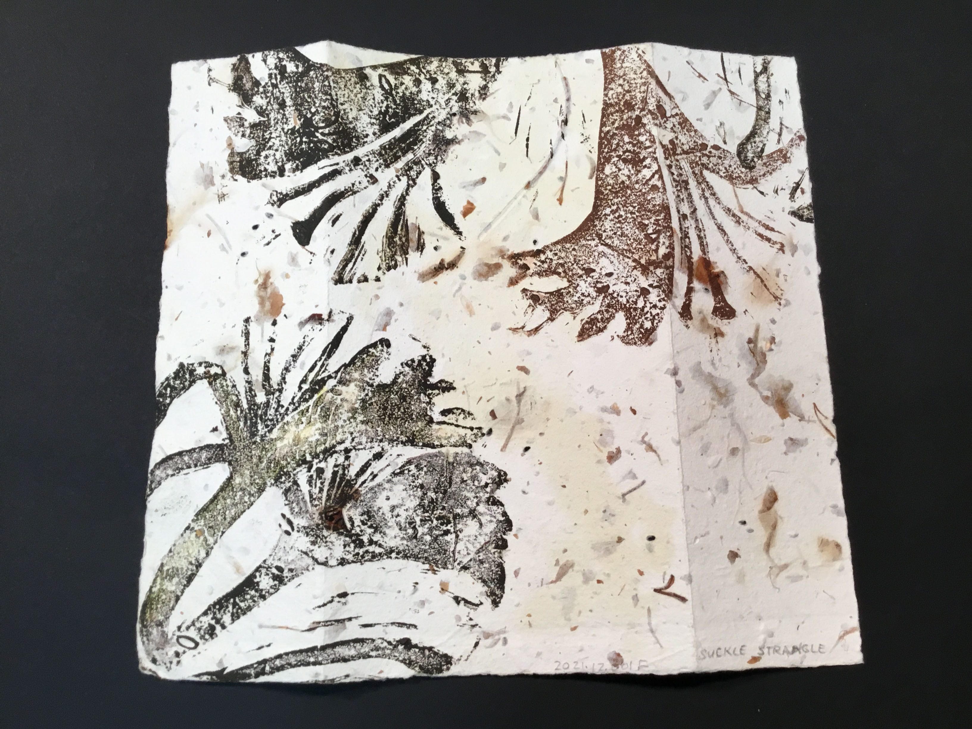 Inspired by Japanese Honeysuckle, this piece is a trifold and has brown and black block prints of vines and flowers on the outside. The two front panels unfold to reveal a black and green block print of a tree. The paper itself is handmade from cotton with seed, leaf, and floral inclusions. 