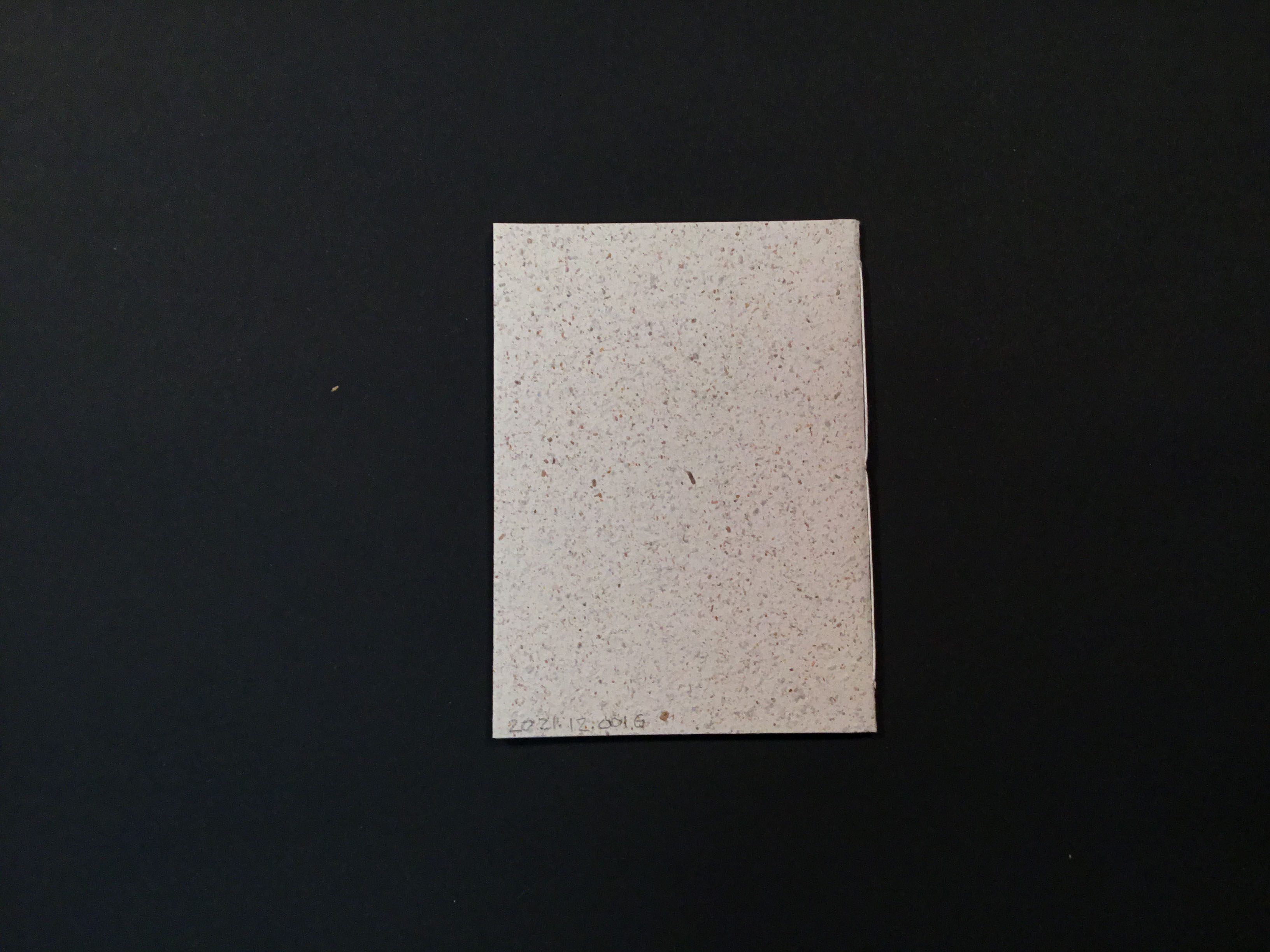 A journal with beige covers made of recycled paper and blue oyster mycelium scattered throughout, resembling a sedimentary rock. The cover has a root inclusion in the center, and the interior pages are off-white and are made from Alabama kozo and recycled paper with chanterelle mushroom spores.