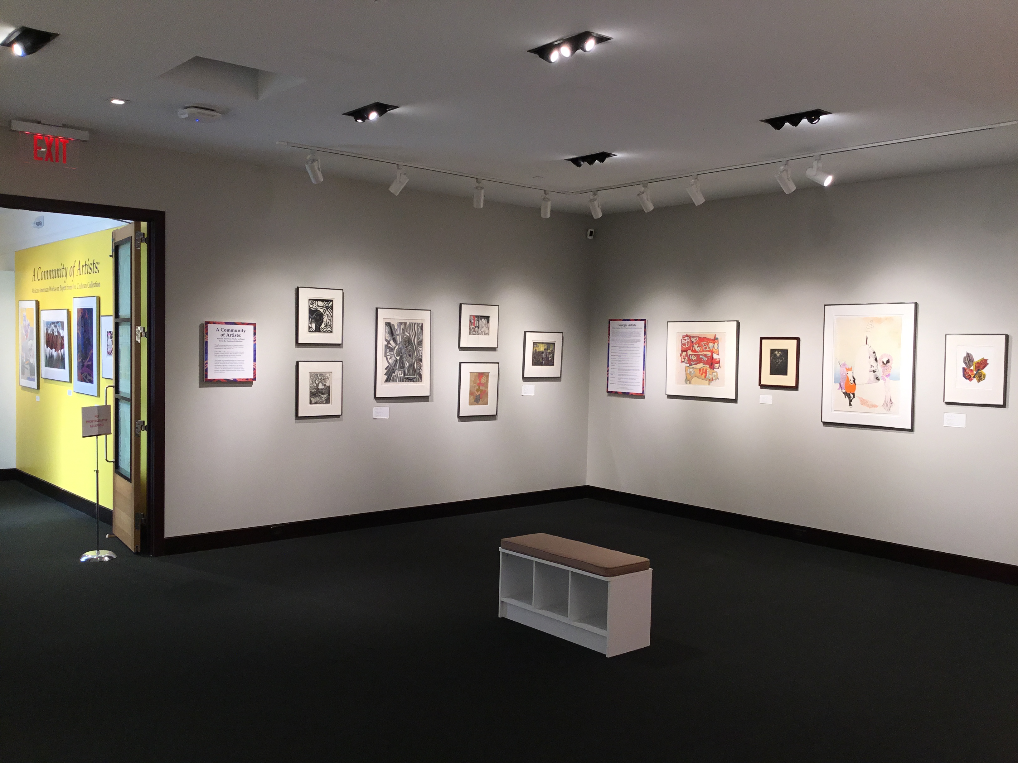 An image of the front corner of the main gallery that features multiple framed pieces, as well as placards that read “A Community of Artists” and “Georgia Artists”.