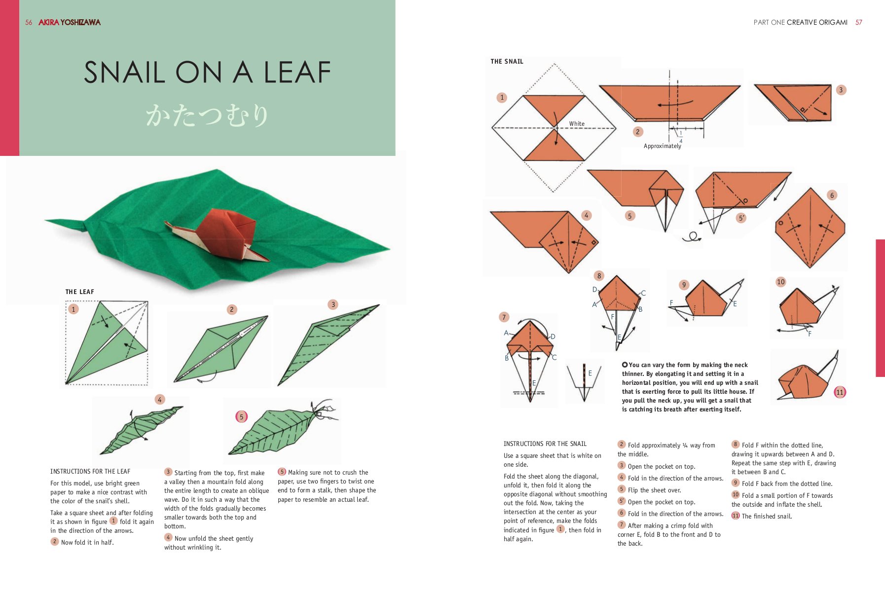 Origami design for a snail and leaf by Akira Yoshizawa