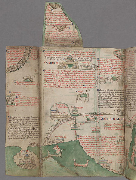 A page from Chronica Majora (1235-1259) with a top flap and side flap opened out. The text is hand written in red ink positioned around lovely green and brown illustrations of castles, boats, and a camel.