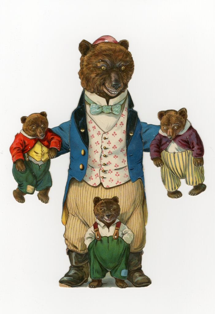 This colorful image of a father bear standing on his hind legs and wearing pants, vest, and jacket while holding a bear cub in each paw is a perfect example of the Father Tuck Mechanical Series