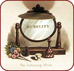 The reflecting mirror from William Grimaldi's lift the flap book, "The Toilet". The mirror reveals the word humility when the flap is lifted.