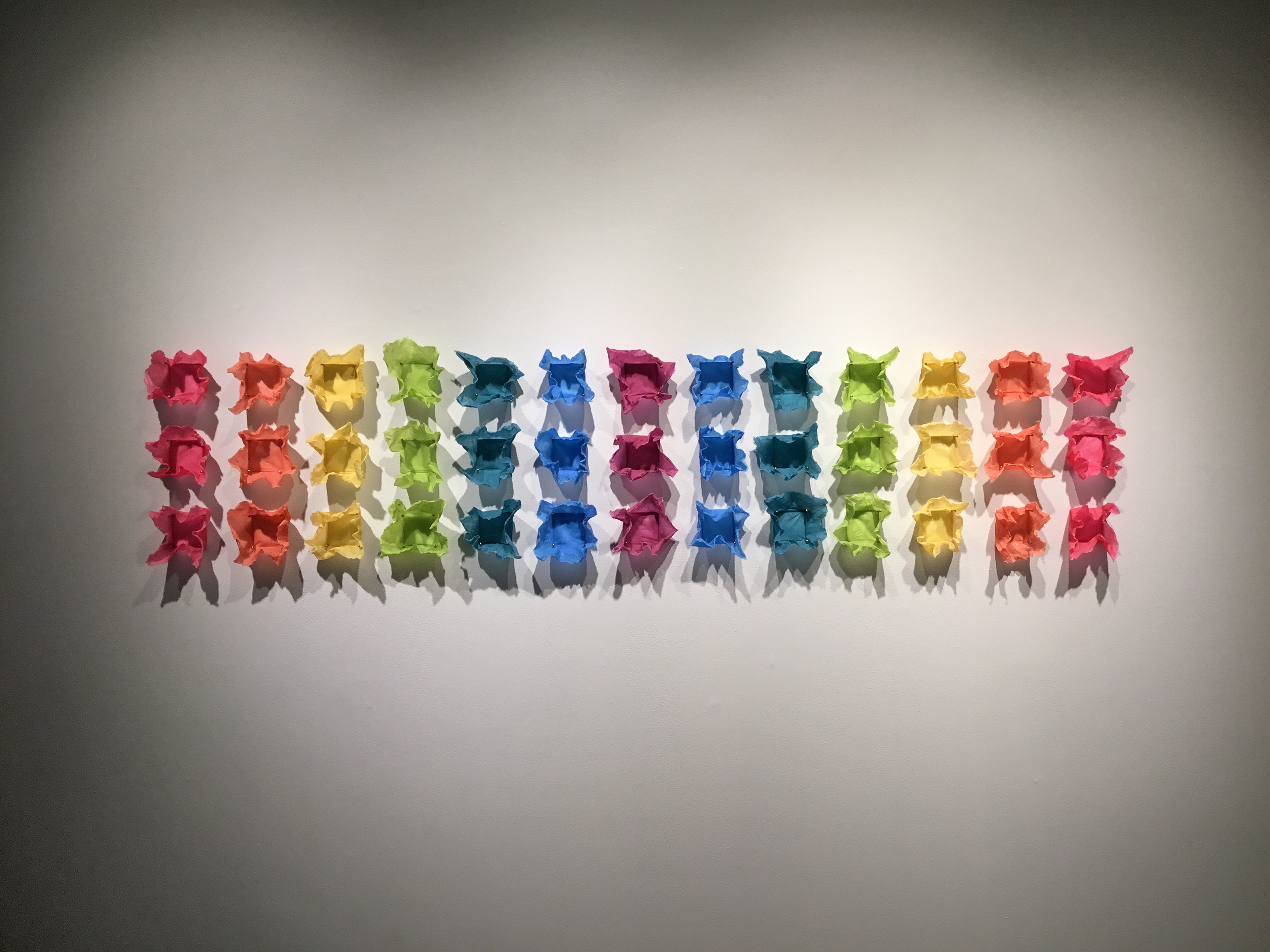 Gallery view of Hiebert's Same/Not Same. 39 colorful abaca forms arranged in a 13 by 3 grid. 