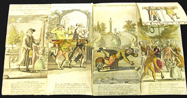 This harlequinade or "turn-up" book by Robert Sayer features colorful illustrations with text at the bottom of the image. The images are cut horizontally thru the center which creates flaps to change the context of the what is going on. 