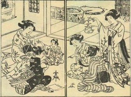Black and white block print page from Sembazuru Orikata illustrating women and children in kimonos folding paper cranes.