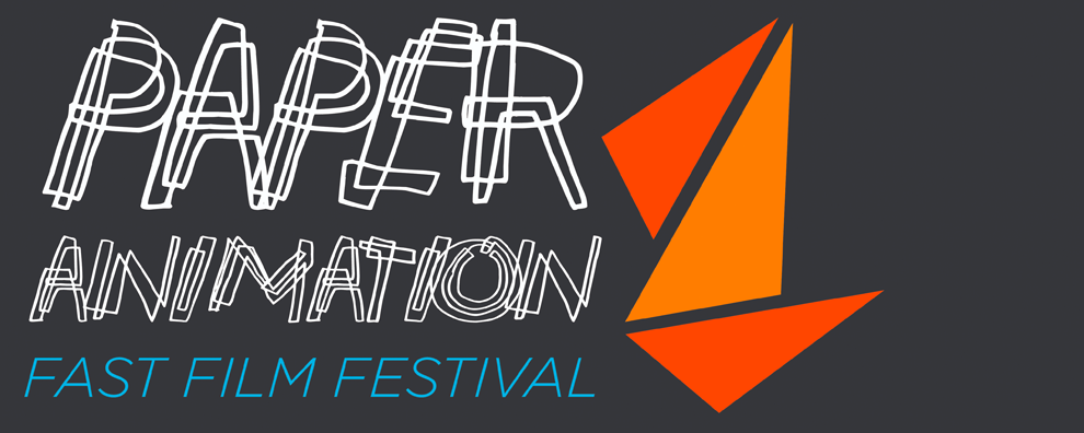 Paper Animation Fest Logo - white scribble text and orange triangles that replicate folded paper