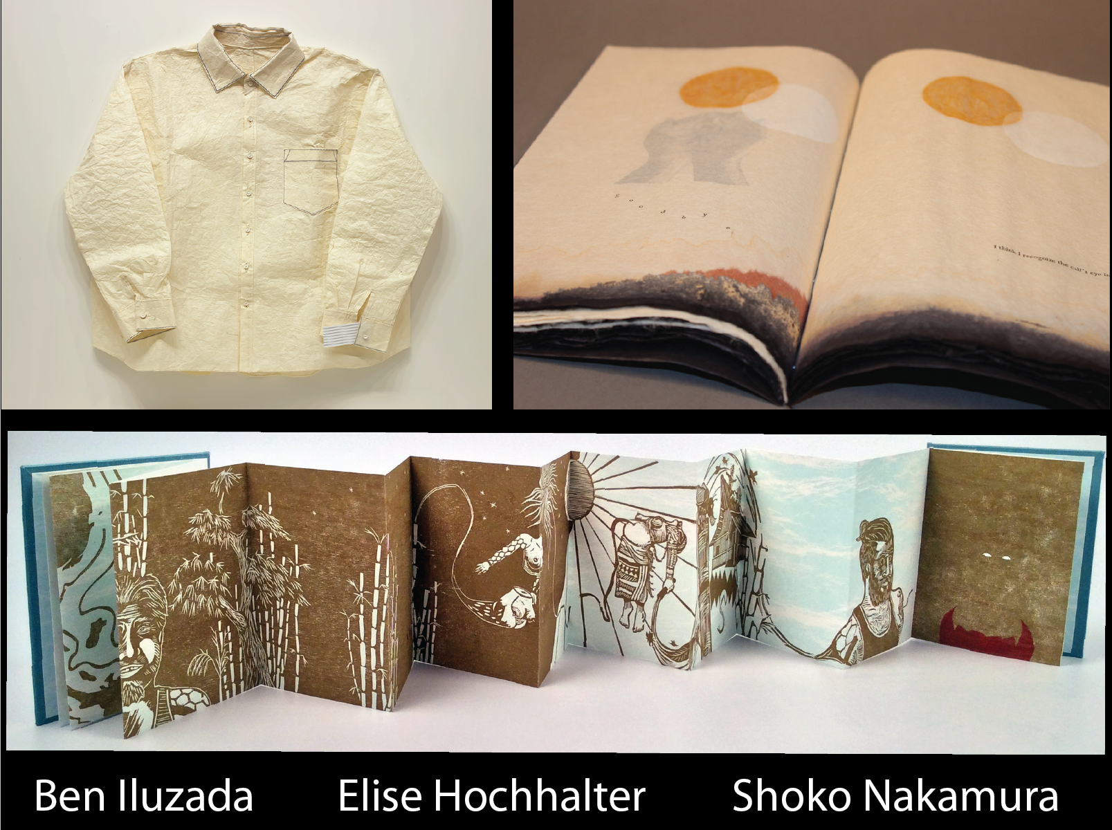 Artworks by Shoko Nakamura, Elise Hochhalter, and Bel Iluzada depicting interpretations of books.