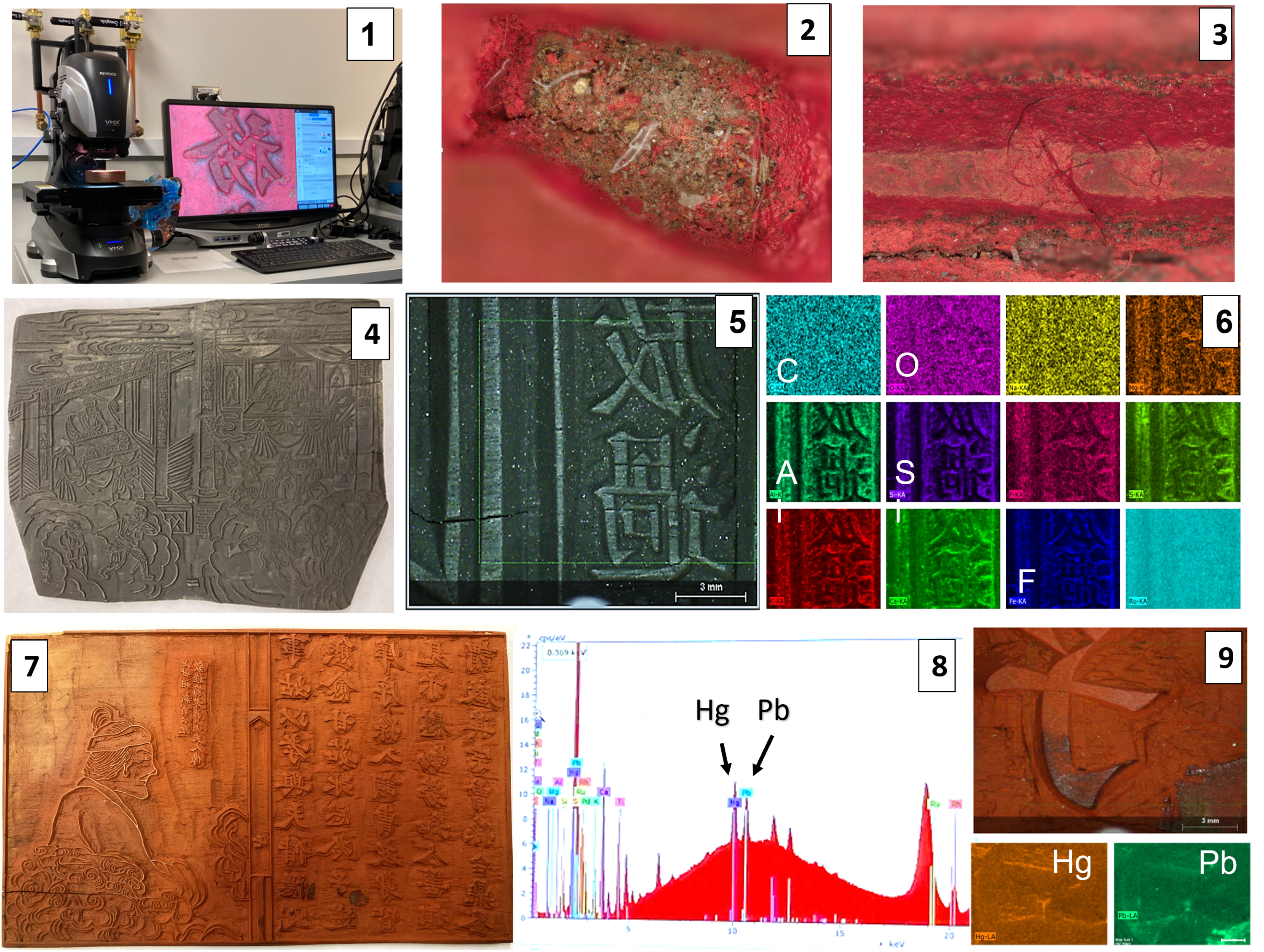 This image is a combination of 9 photos that are contained in the article "Look Beneath the Surface: Analytical Techniques Reveal Museum Artifact Secrets" 	Photograph of Chinese woodblock being imaged on a Keyence microscope.			Microscope image of space carved into the woodblock to form a character.			Microscope image of hair embedded into the ink and crack in the woodblock.			Chinese woodblock with remnants of black ink.			Image of the area of X-ray analysis of a black-colored Chinese wood