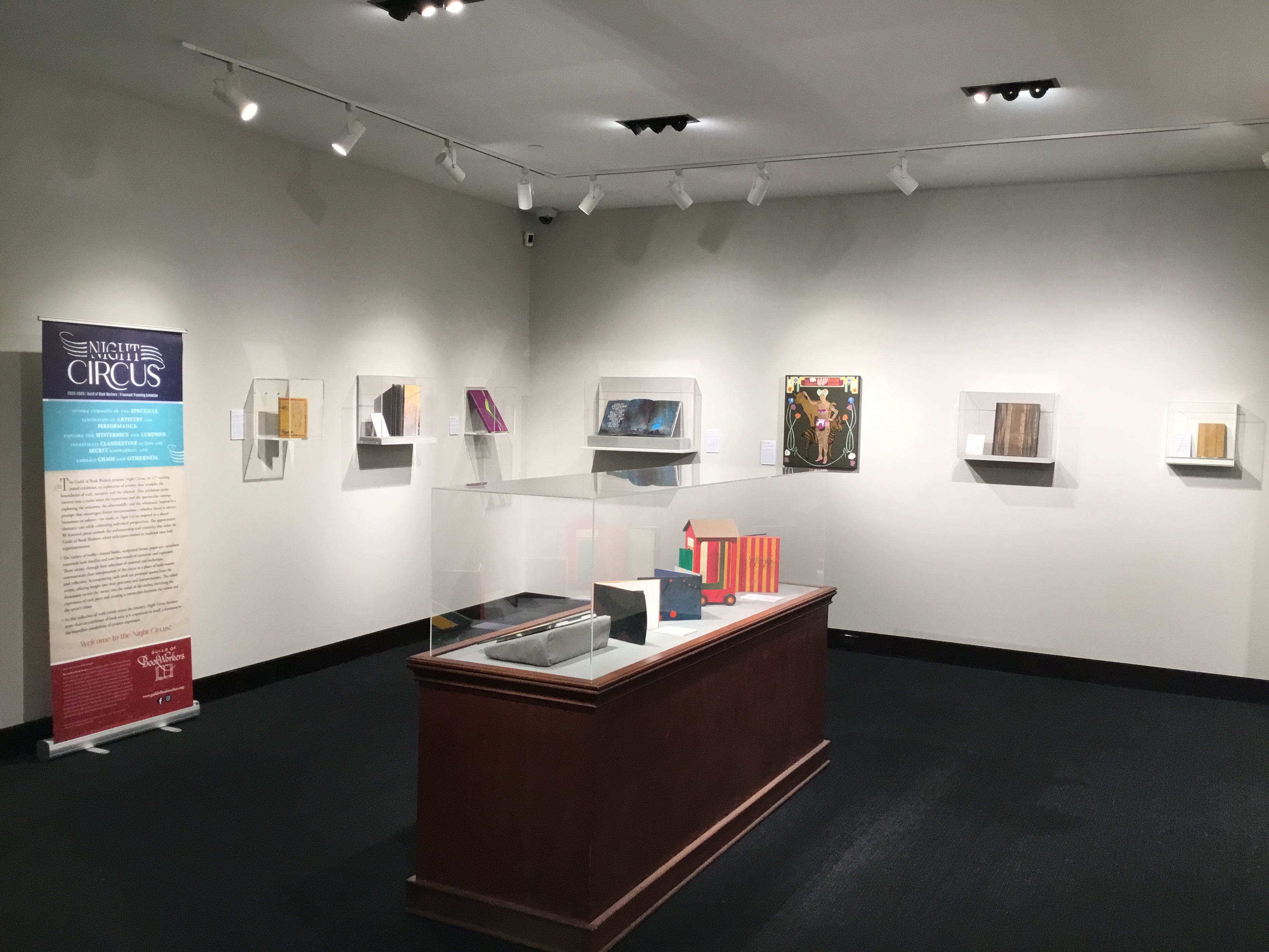 View of the front gallery. A banner with information is on the left, several plexiglass cases are hung on the walls, and a large wooden case is at the center of the room.  