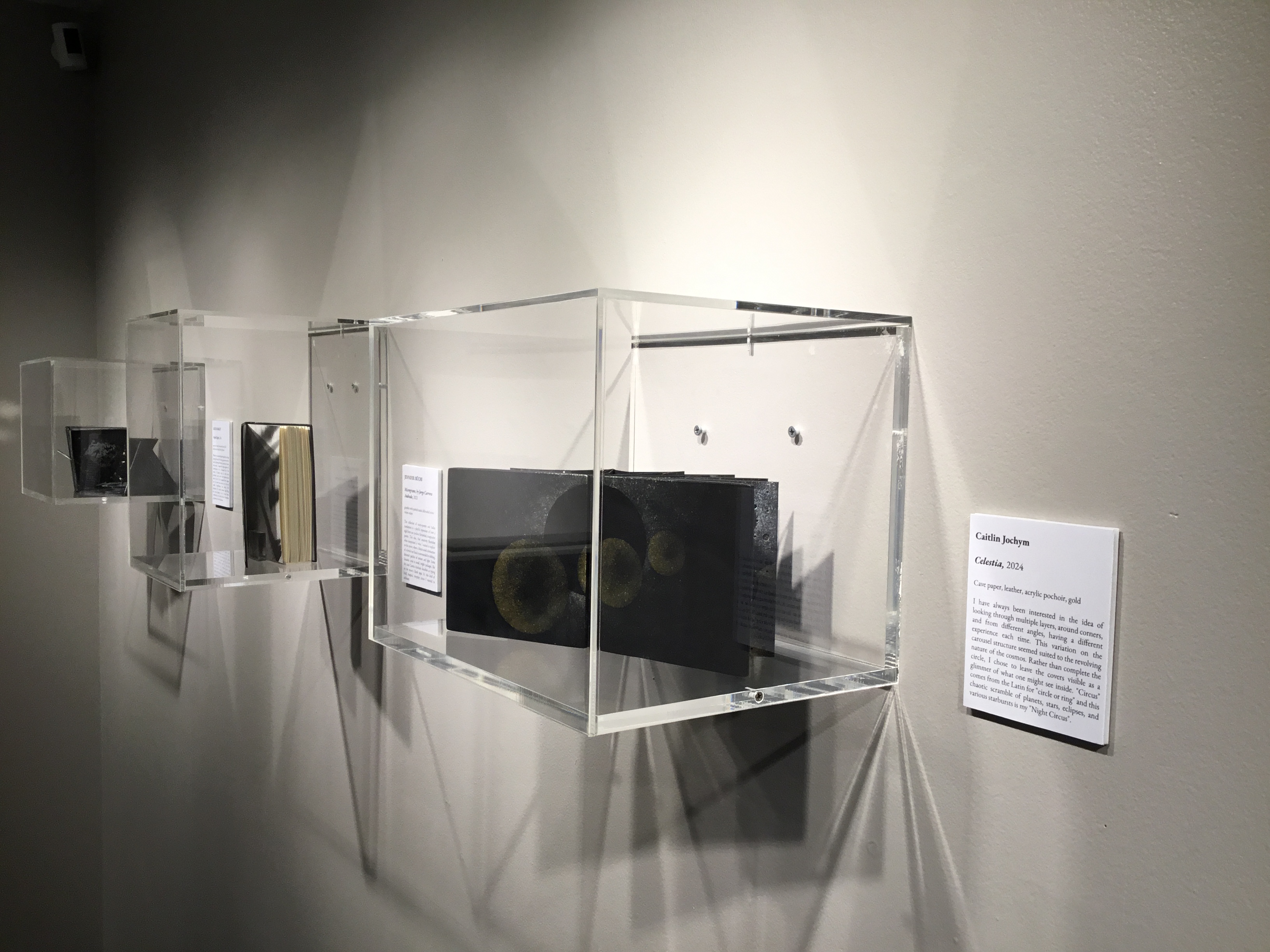 A view of three dark colored artists books in plexiglasses cases in the back gallery with dramatic lighting. In the foreground is Caitlin Jochym’s Celestia, a black accordion book is open to a page with round silver and gold details.