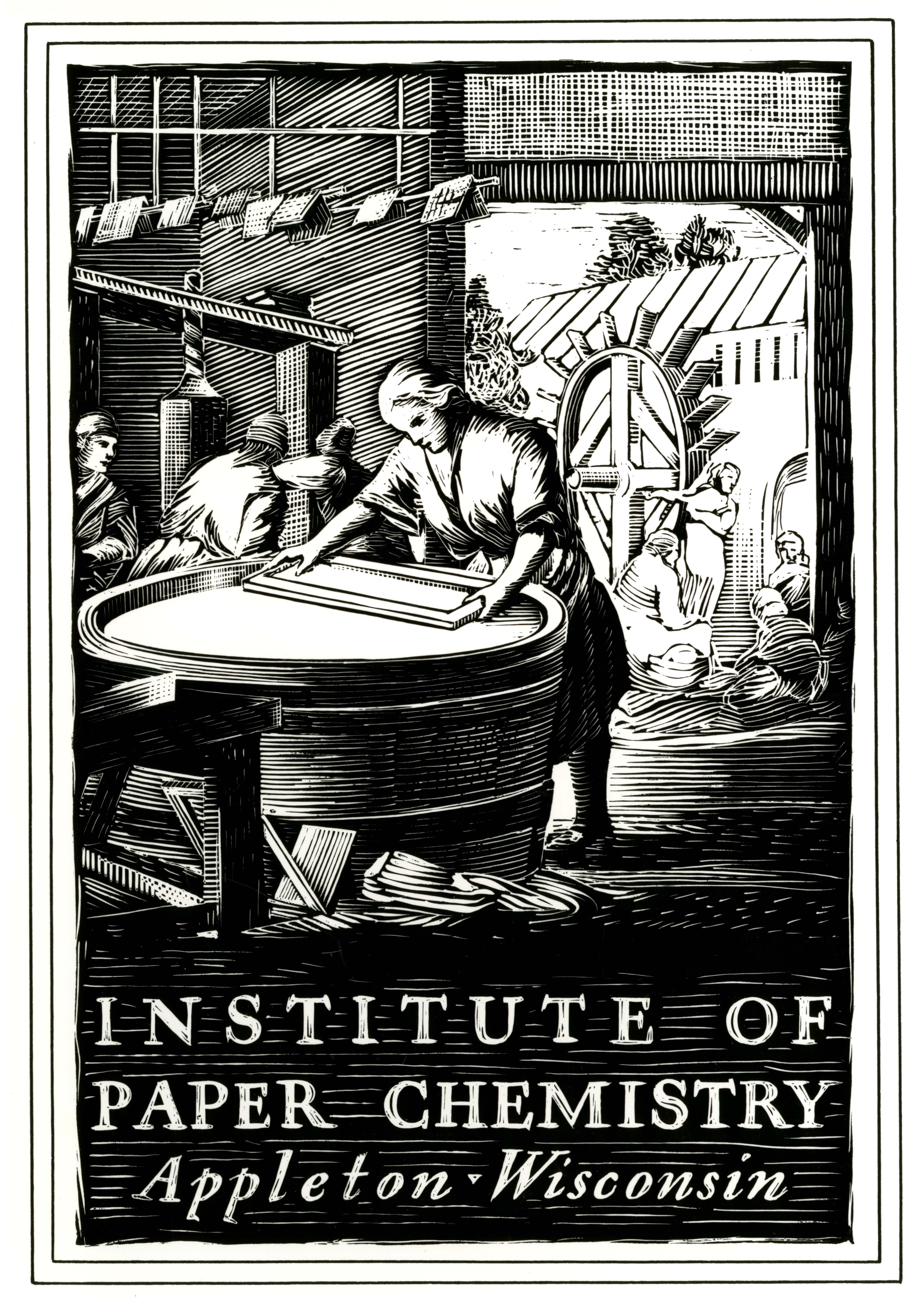 Institute of Chemistry Bookplate - The image features a male papermaker from the 17th century dipping a paper mould into a barrel shaped vat with a peak of a waterwheel visible thru the open doors of the papermill.