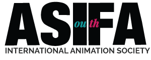 ASIFA International Animation Society logo featuring the bold black block letters ASIFA above the words International Animation Society. The ASIFA has smaller letters floating inside the black letters just after the S. The small letters are a teal O and U followed by a small pink T and H to spell out the word South.
