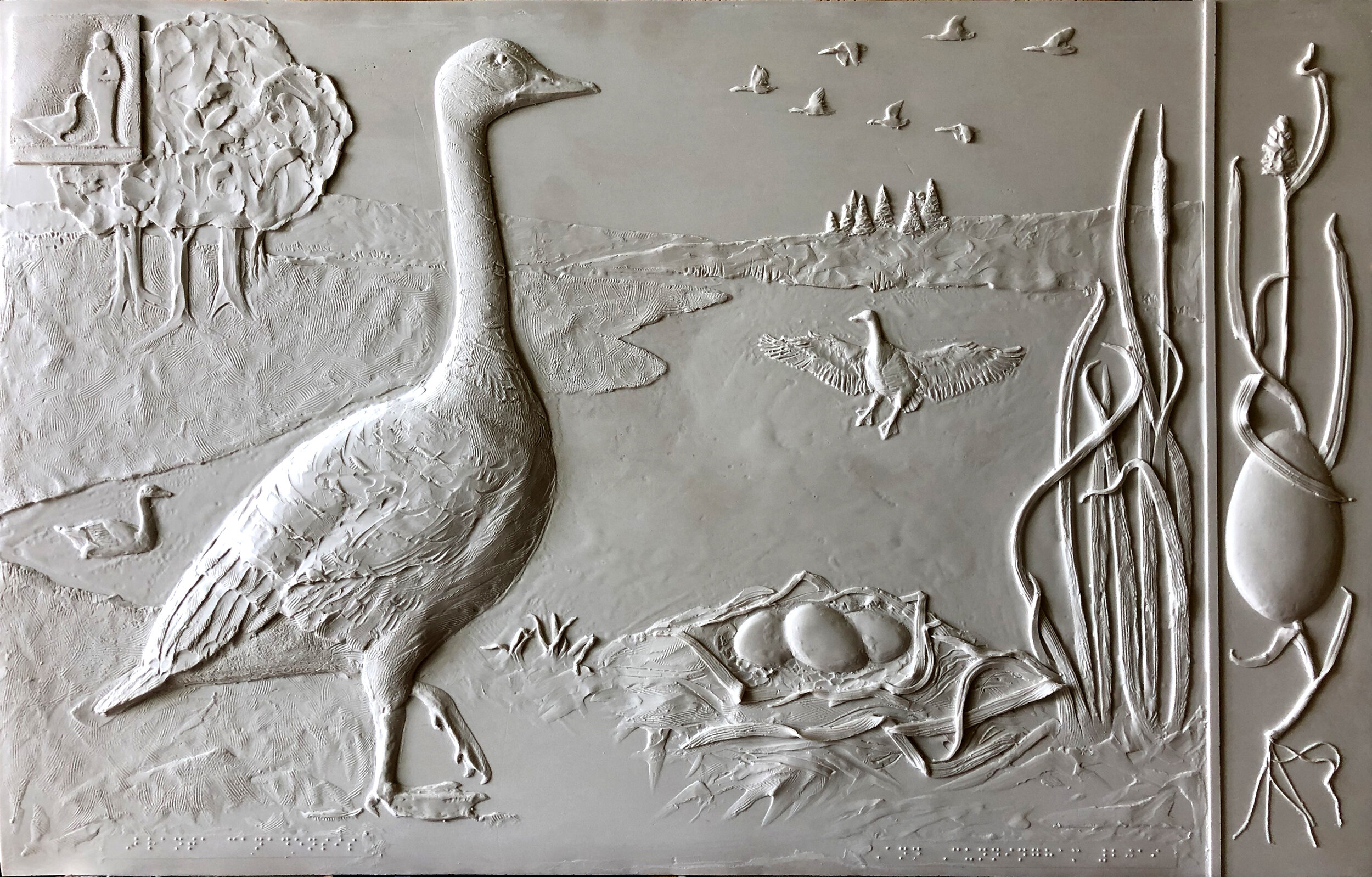 gray relief of a duck standing near a nest with a flock of birds flying in the background